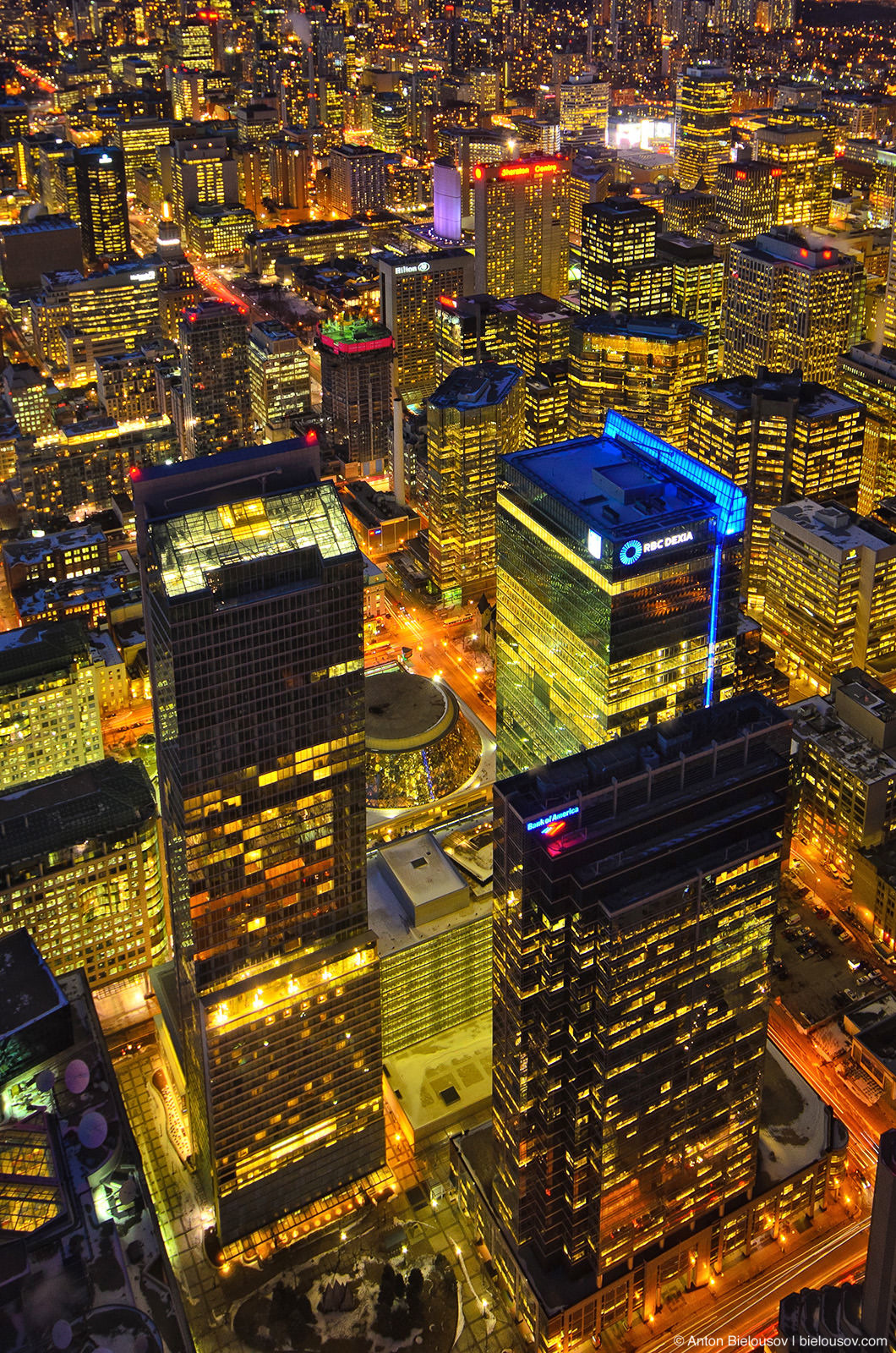 Toronto Downtown Core (Roy Thompson Hall, City Hall) at night as seen from CN Tower