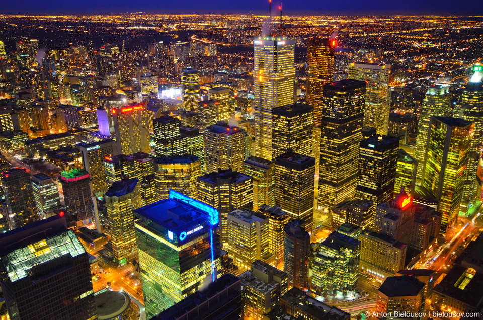 Toronto Downtown Core at night as seen from CN Tower