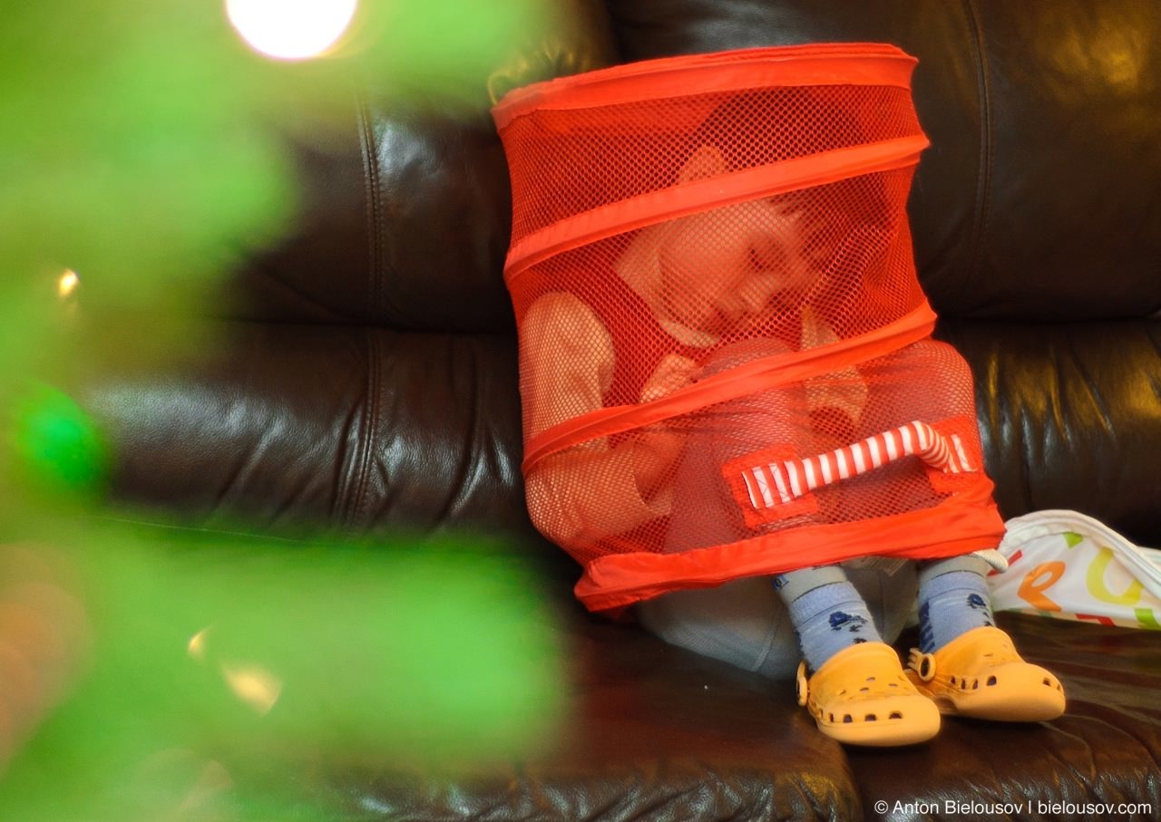 Kid sleeps in toys box