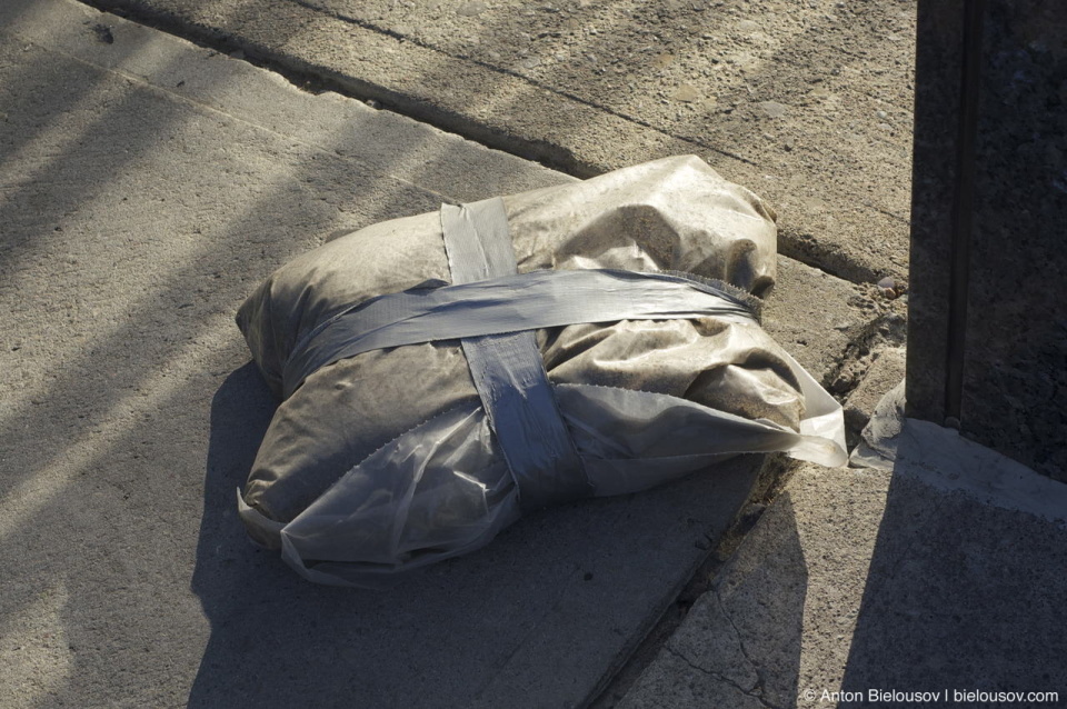 Packege of dust on Toronto street sidewalk in the morning