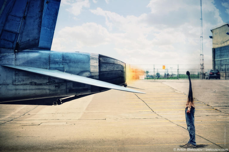 Burned as a match-man in a jet fighter engine flame at Wings and Wheels (self-portrait by Anton Bielousov)