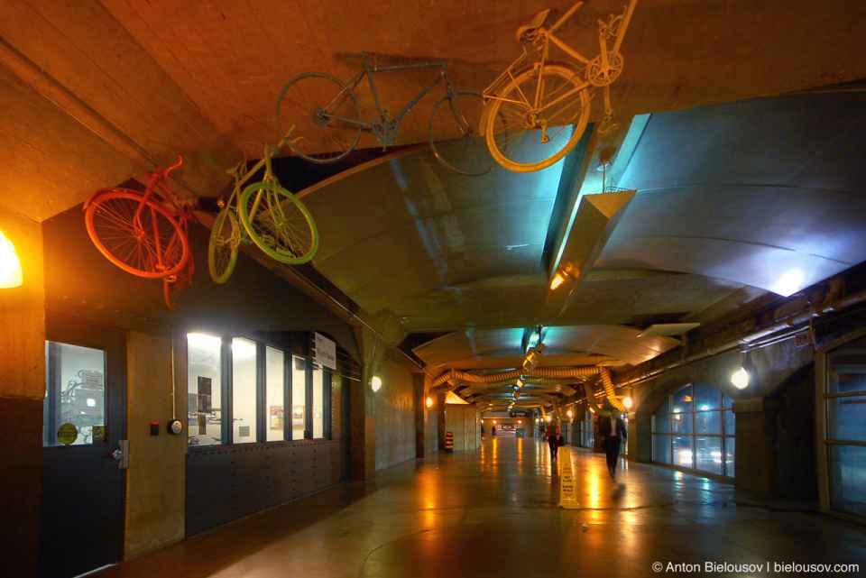 Bicycles in the ceiling of a bike station at Union Station