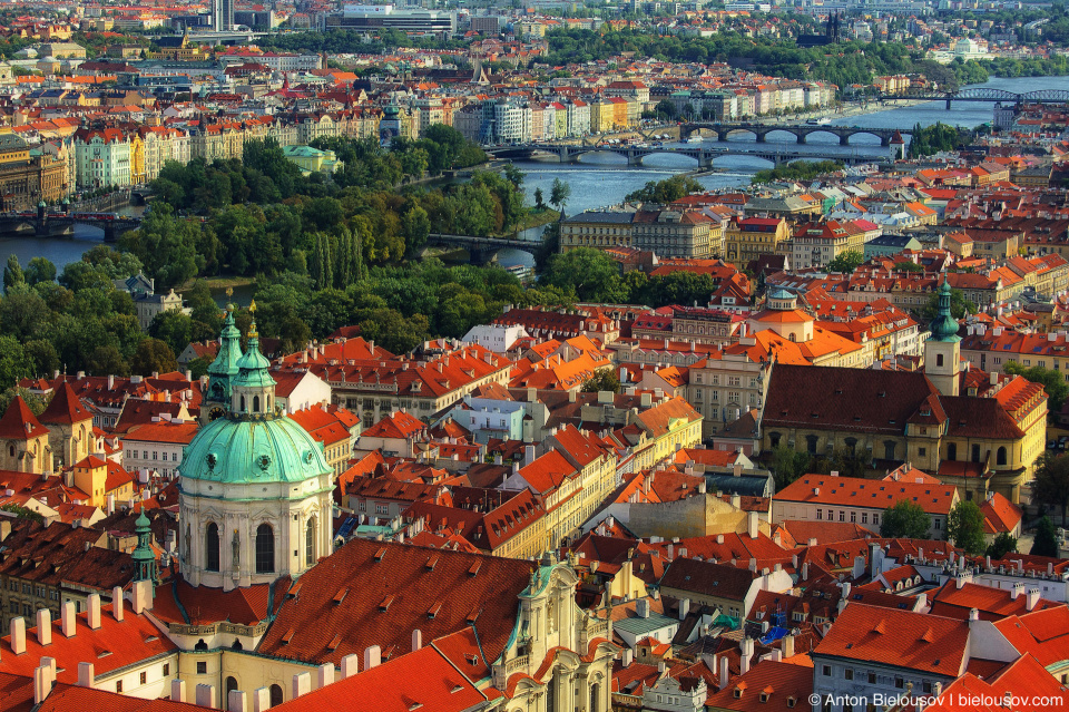 Prague bridges bird-eye view