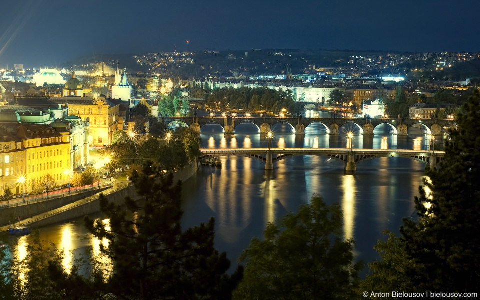 Prague bridges night panorama