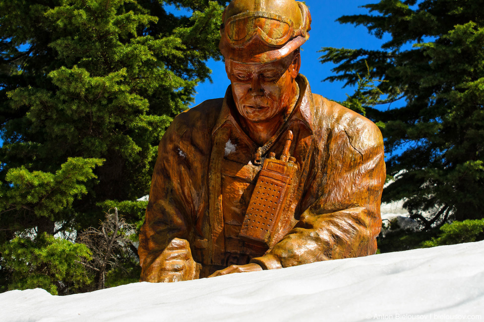 Curved sculptures atop Grouse Mountain in snow