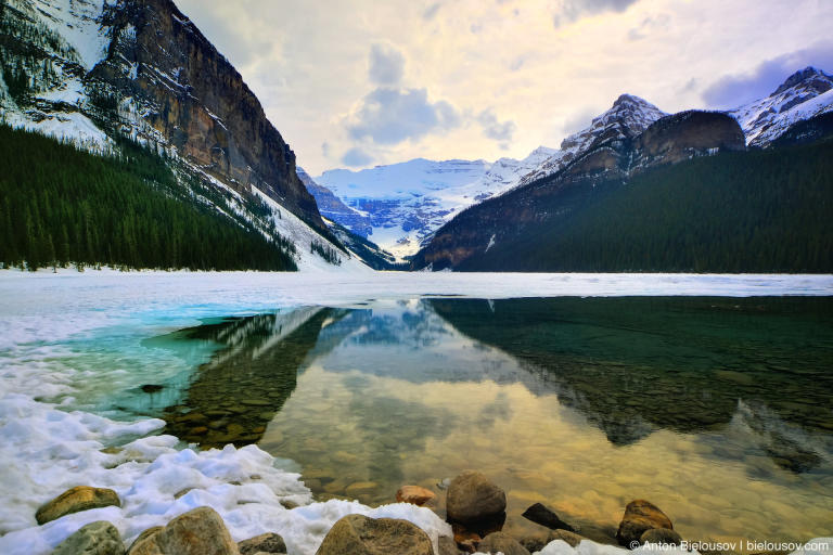 Frozen Lake Louise covered with ice