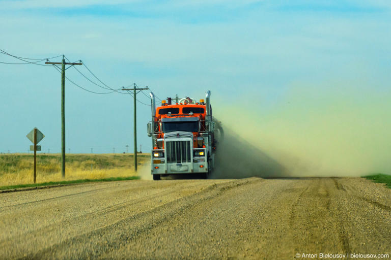 Truck in cloud of dust