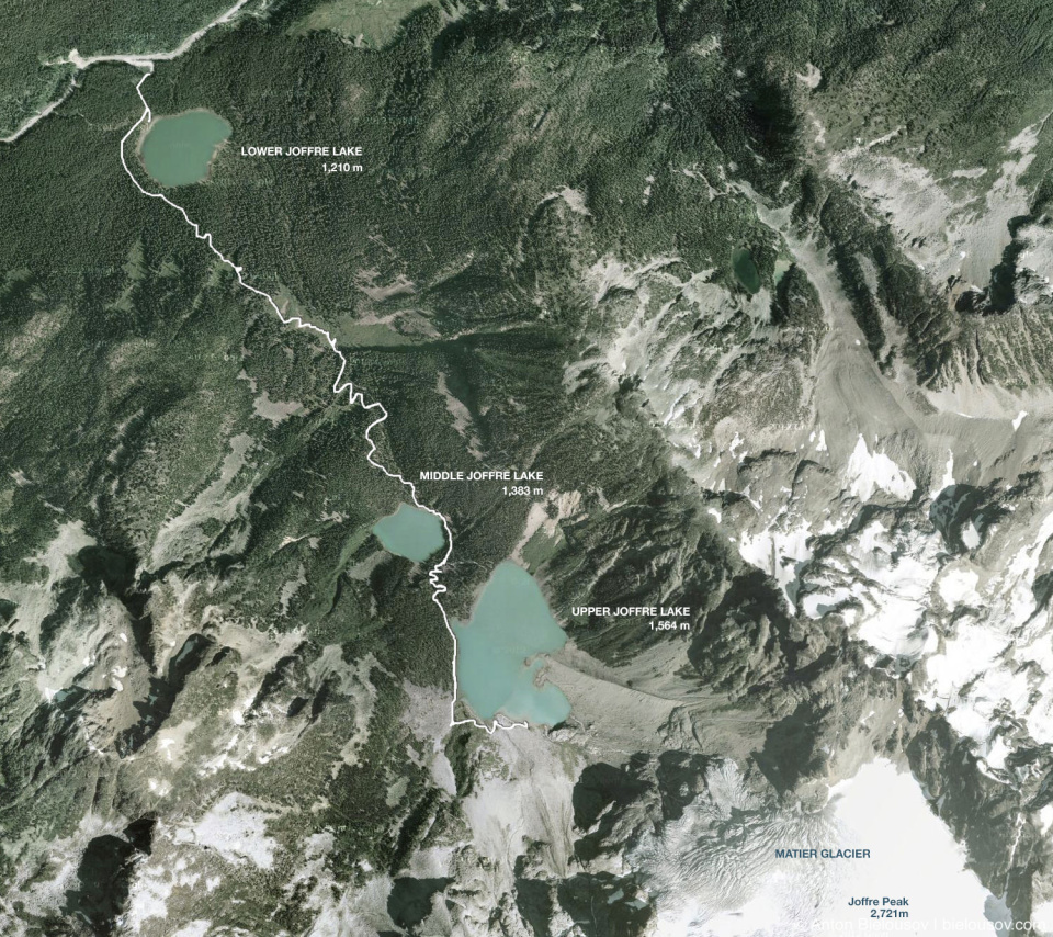 Joffre Lakes hiking trail aerial photo