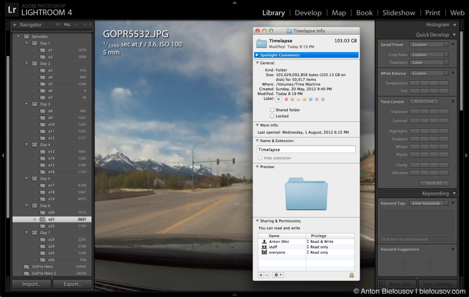Организация снимков таймлапса с GoPro в Lightroom по эпизодам
