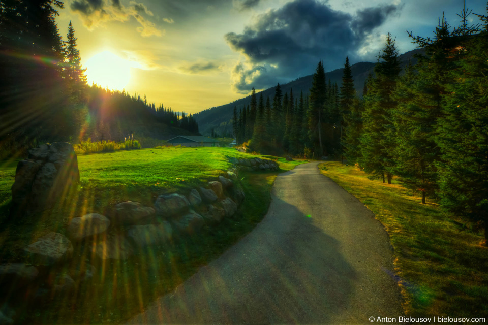 Sun Peaks sunset over golf course field (HDR)