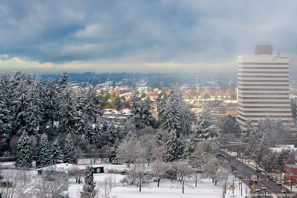 Вид на заснеженный Ванкувер из нашей квартиры в Burnaby