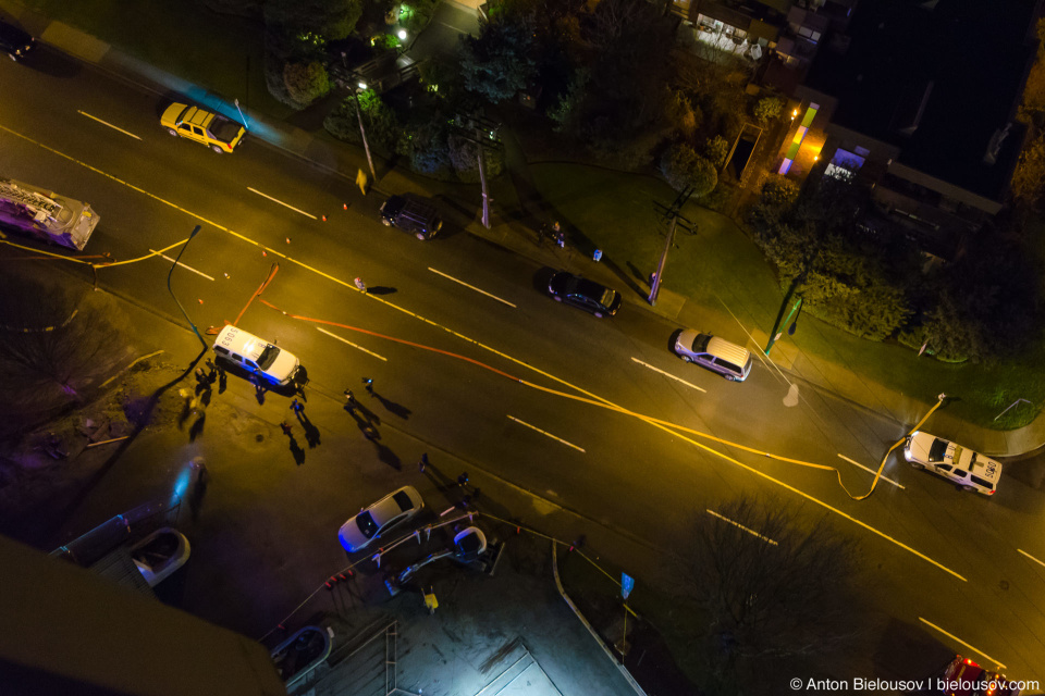 Police and firefighters attend a 29-storey apartment tower at 4277 Grange St. in Burnaby, BC as experts deal with an apartment where explosive material was discovered on February 18, 2013. The residents of the building were evacuated while the explosives were rendered safe.