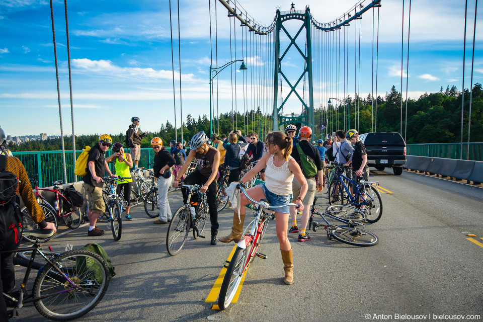 Critical Mass Occupies Lions Gate Toll Bridge in Vancouver, BC