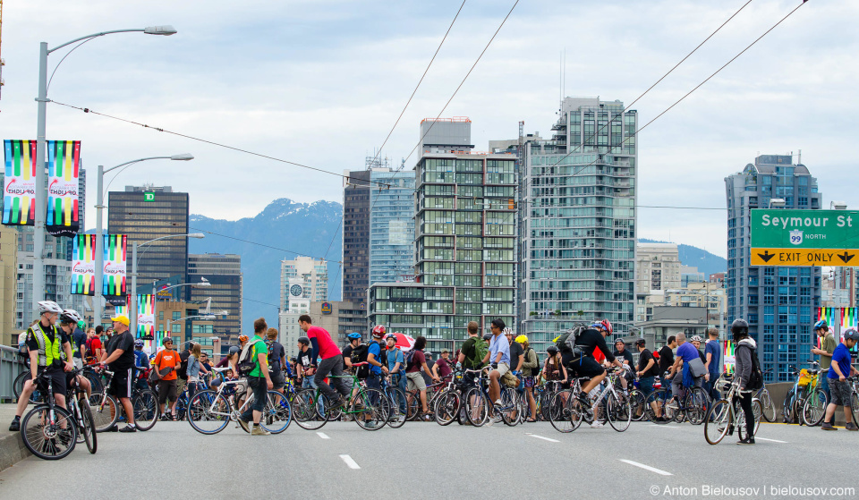 Critical Mass blocking Granville Bridge in Vancouver, BC