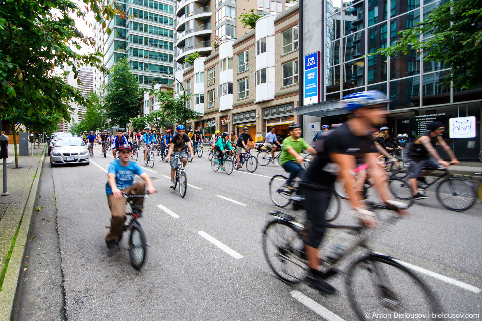 Critical Mass occupying streets in Vancouver, BC