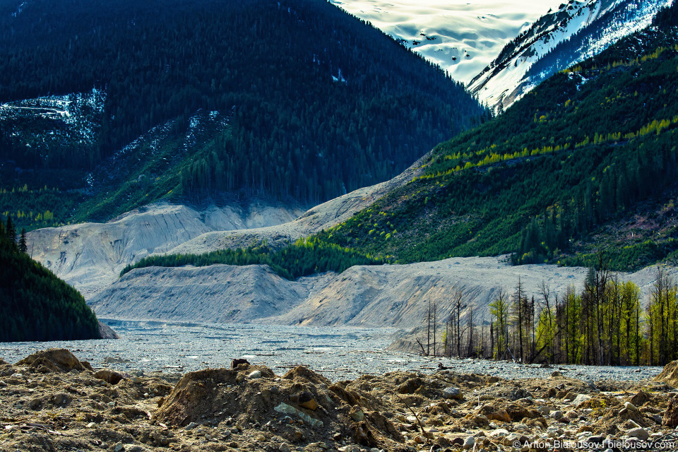 Завалы на месте оползня горы Mount Meager 2010 года в долине Lillooet River в районе городка Pemberton, BC