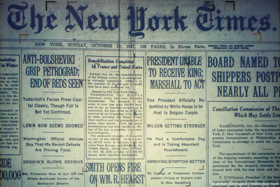 Первая полоса New York Times за 19 октября 1919 года: американцы уверены, что новая красная власть в Петрограде падет а Ленин уже проиграл.