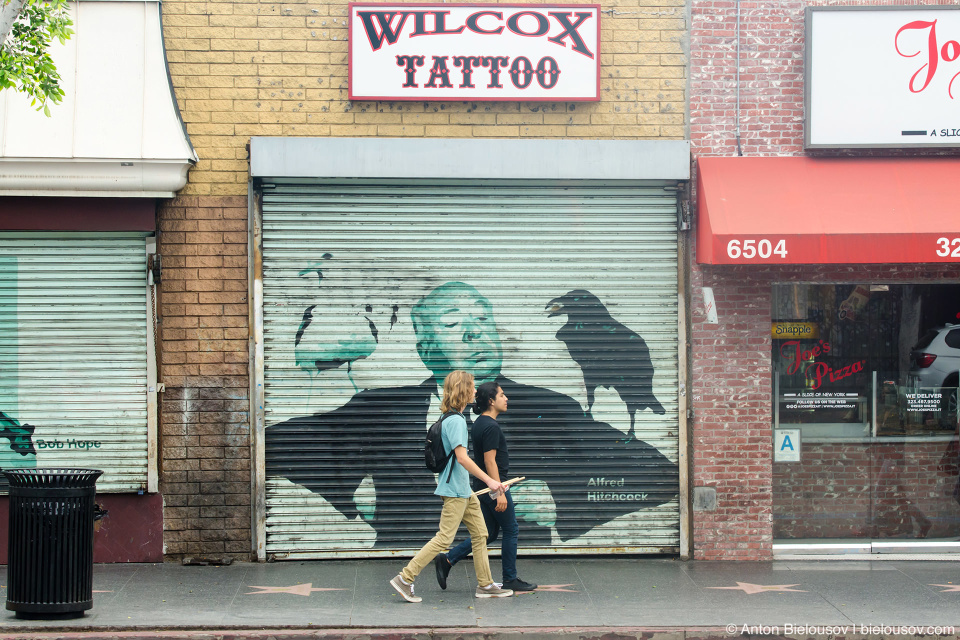 Alfred Hitchcock mural art, Hollywood Boulevard, Walk of Fame