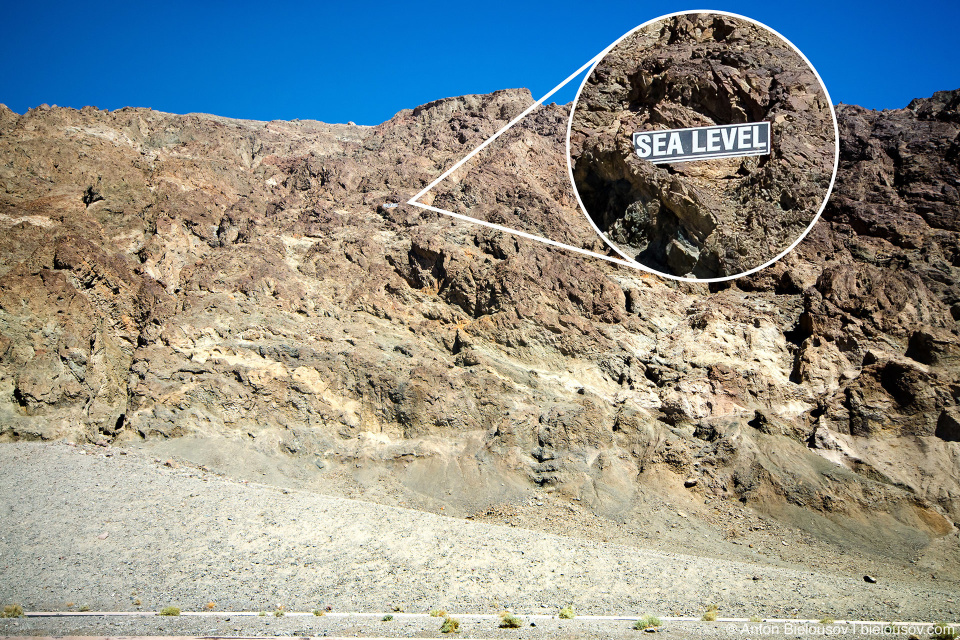 Death Valley Badwater Basin Sea Level sign on