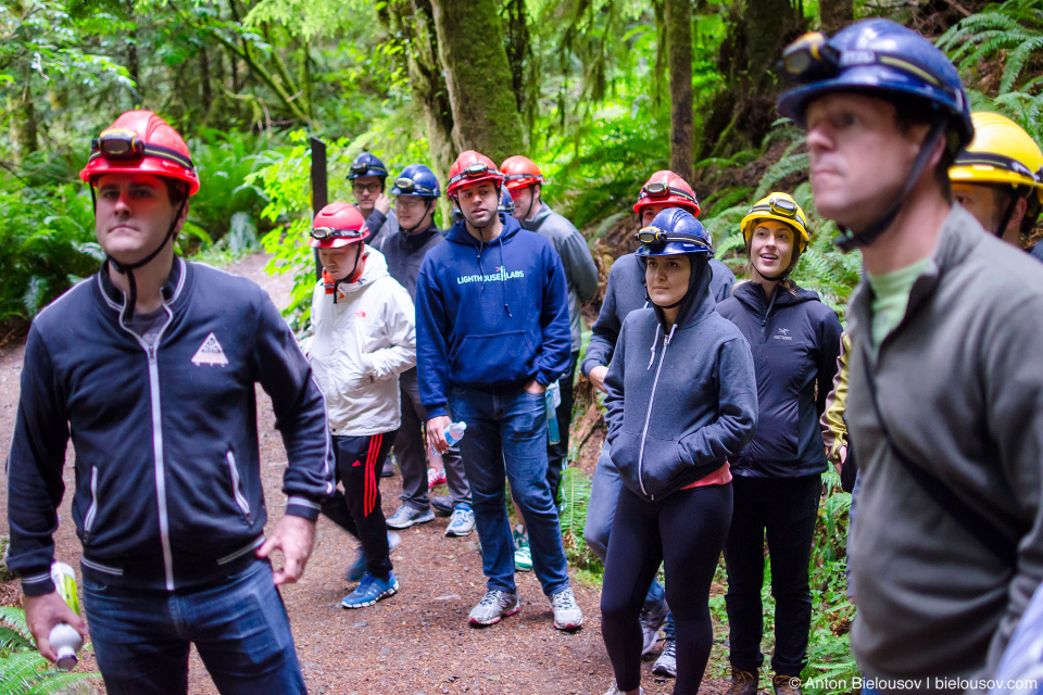 Mobify team at caving tour, Horne Lake Caves Provincial Park, BC