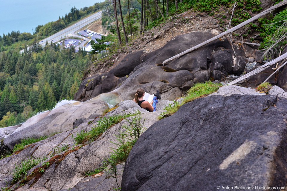 Reading at Shannon Falls Cascade (Squamish, BC)