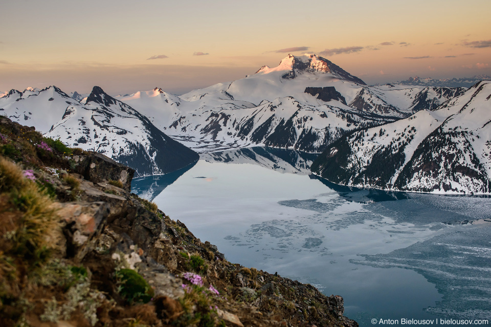 Garibaldi Mountain and Garibaldi Lake from Panorama Ridge at dawn