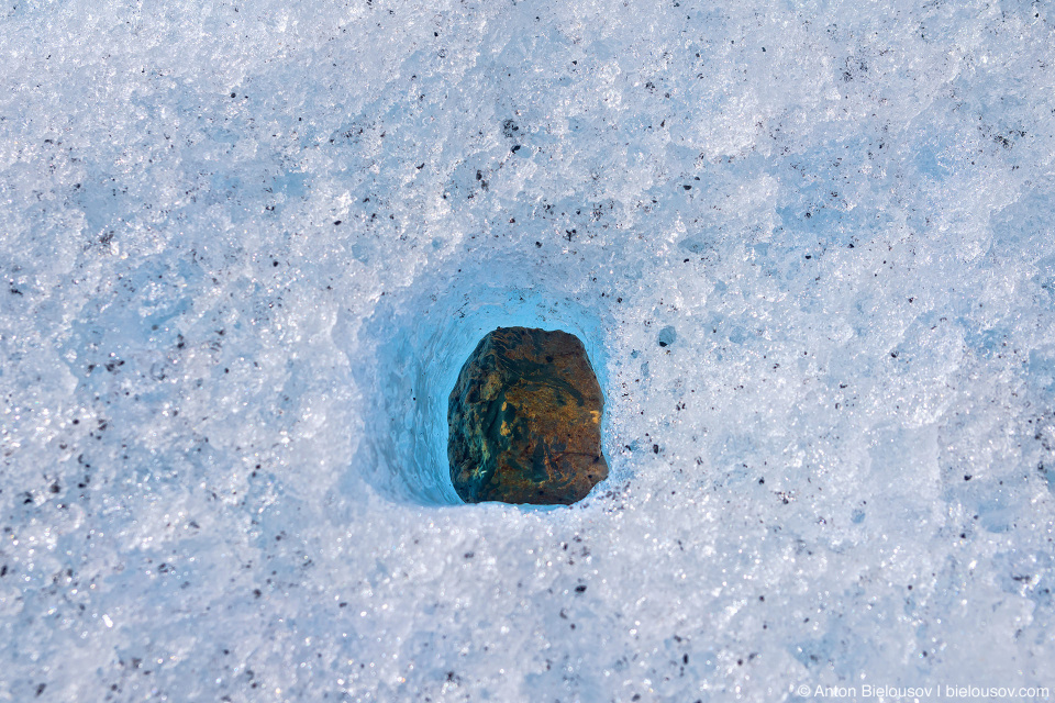 Rock melted into the Athabasca Glacier ice, Columbia Icefield, Jasper National Park