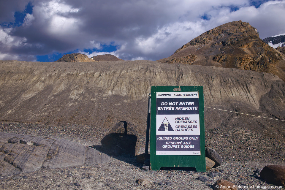 Athabasca Glacier danger sign, Columbia Icefield, Jasper National Park