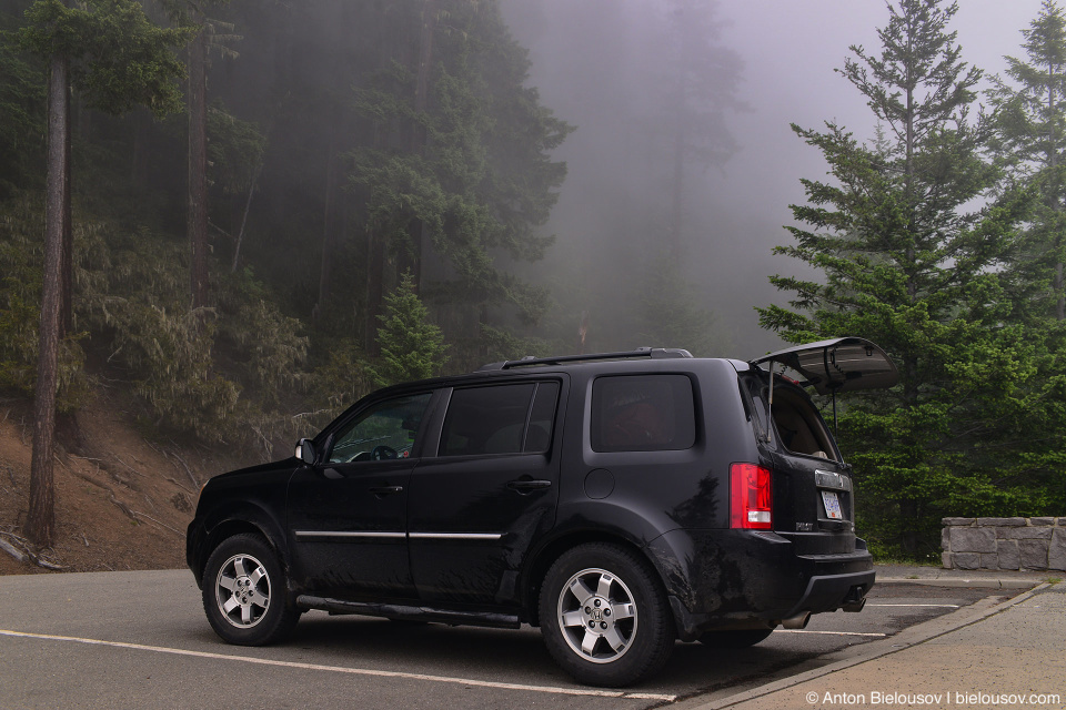 Honda Pilot at Foggy Road to Hurricane Ridge, Olympic National Park, WA