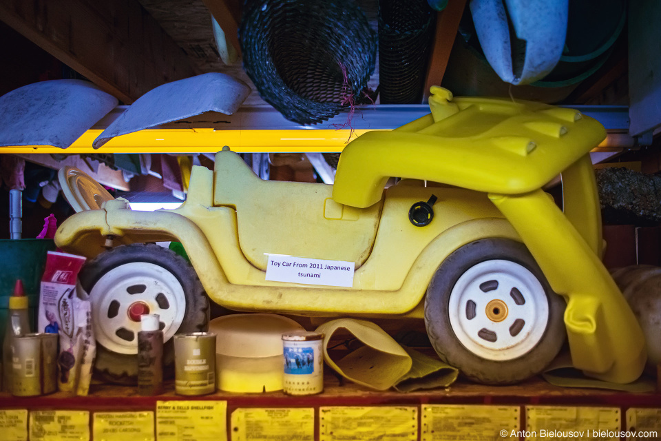 Toy car from 2011 Japan Tsunami at John's Beachcombing Museum, Forks, WA