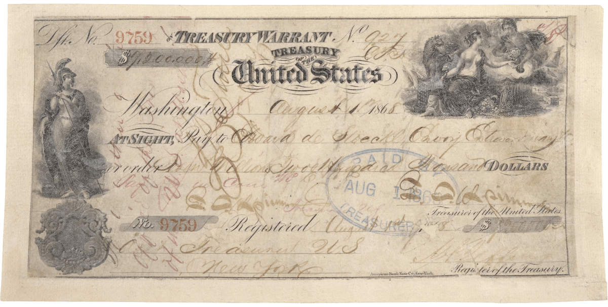 Check for $7.2 Million for the Purchase of Alaska, 8/1/1868. (National Archives Identifier 301667)