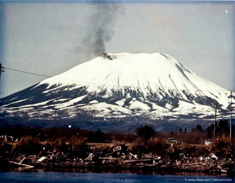 April 1st, 1974 photo of Mount Edgecumbe erupting. Photo courtesy of Ed Cushing