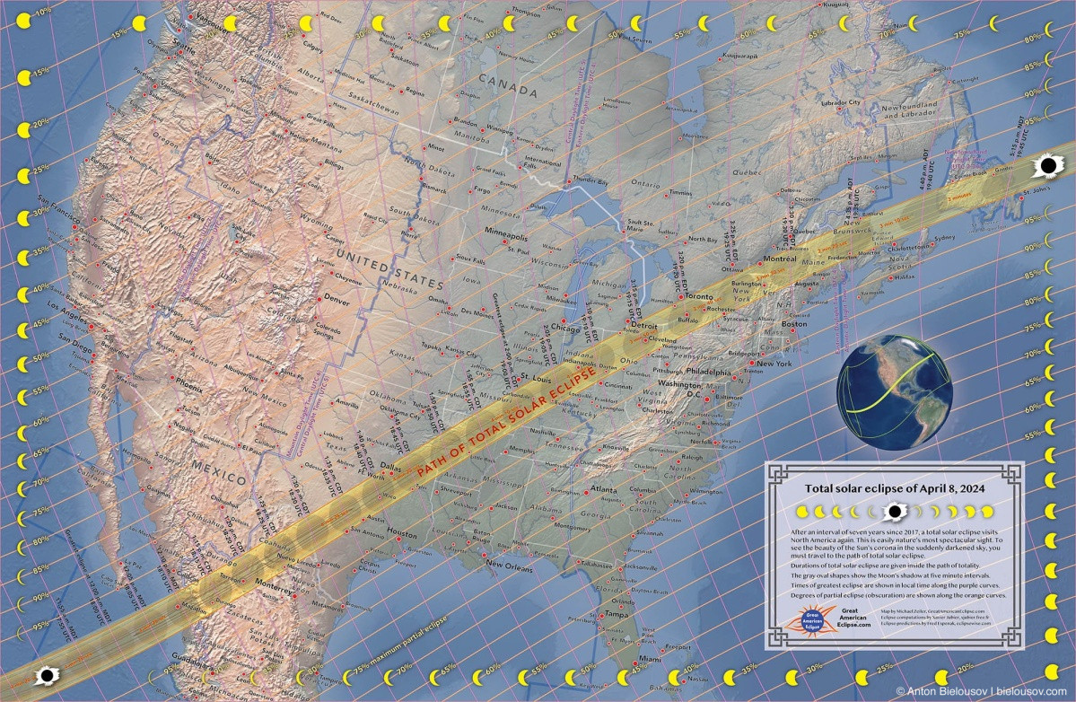 2024 Solar Eclipse path of totality map